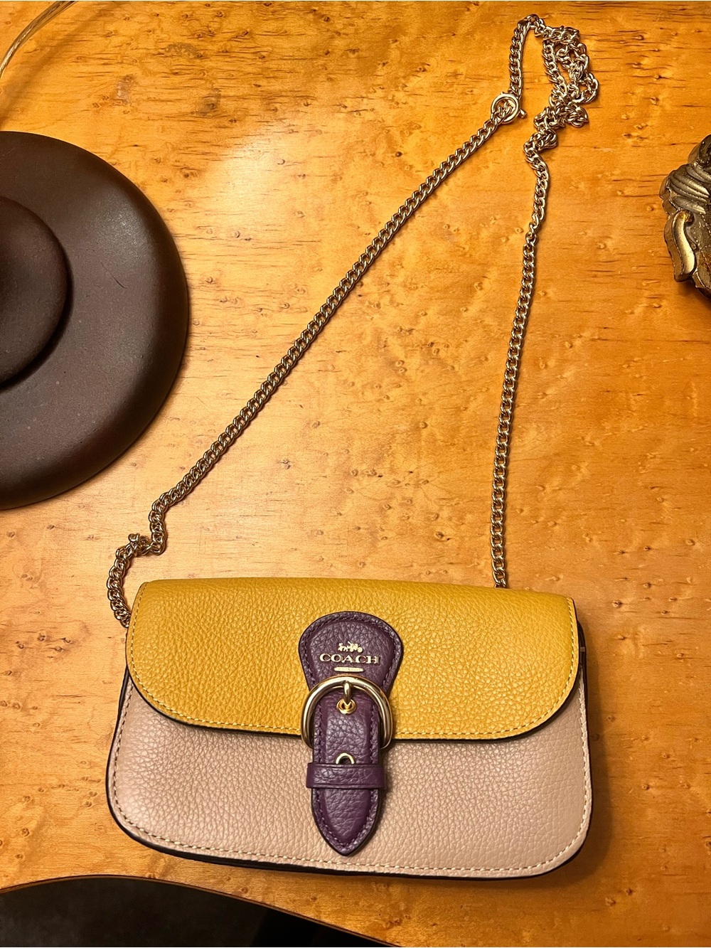 Coach Pebble Leather Colorblock Crossbody in Yellow, Purple & Cream